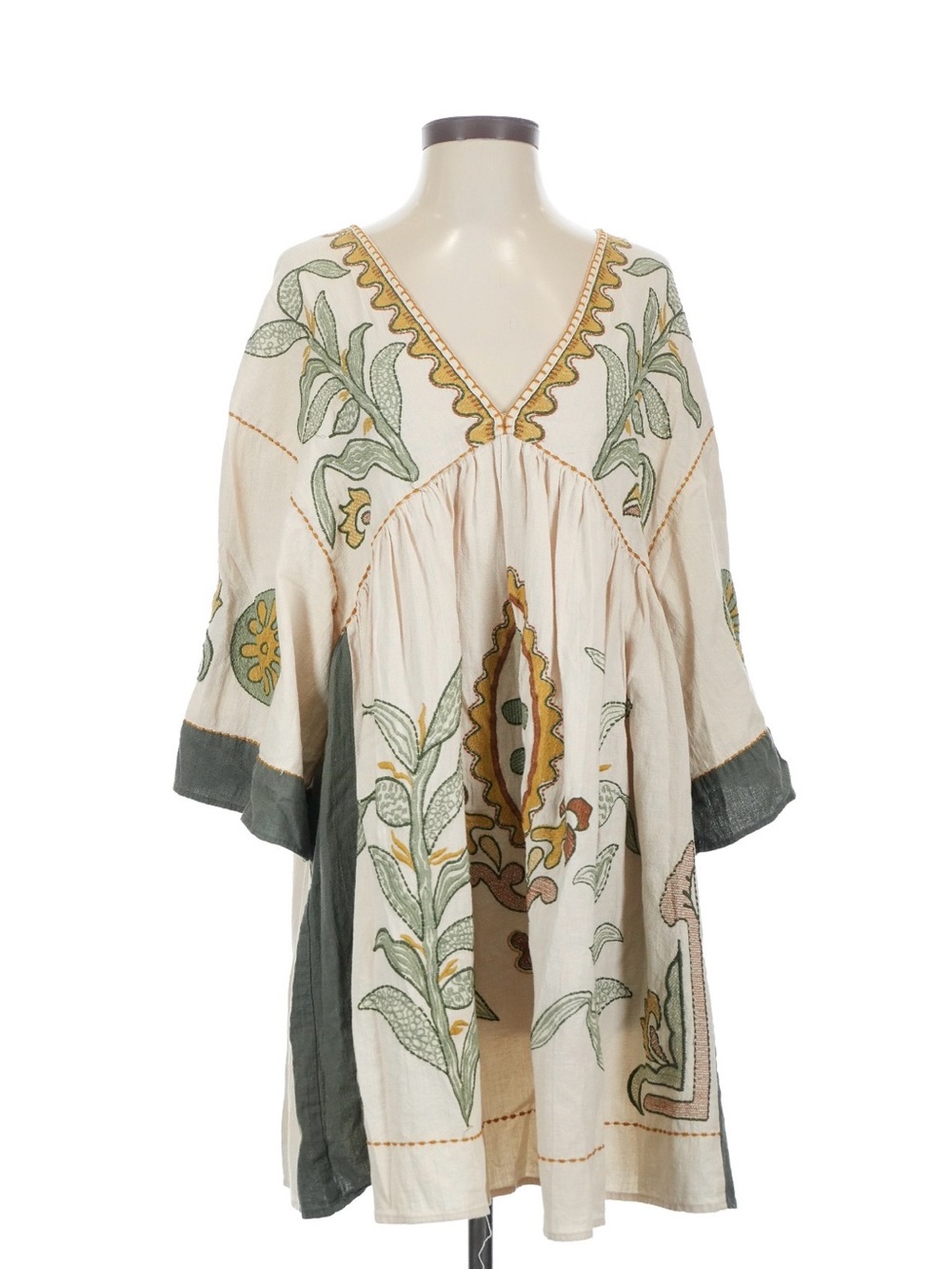 Zara Cream Tunic with Green and Gold Botanical Embroidery